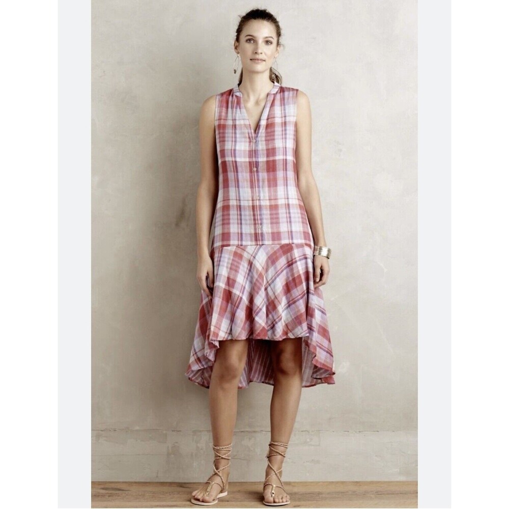 Anthropologie Maeve Pippa Plaid Seersucker Madras Summer Dress Size Small PInk
